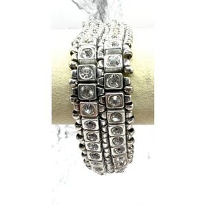 Wide Rhinestone Stretch Bracelet Multi Row Silver Tone 7.5 Heavy - SEE VIDEO